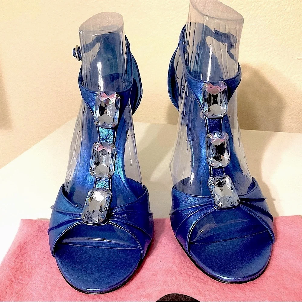 Nina Metallic Embellished Peep Toe Leather Heels Blue 8 1/2